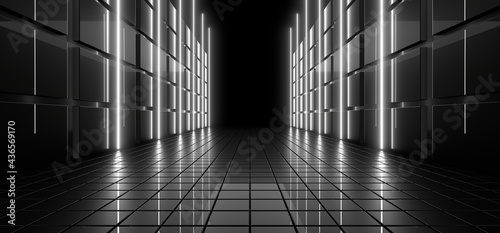 Fototapeta Naklejka Na Ścianę i Meble -  A dark tunnel lit by white neon lights. Reflections on the floor and walls. 3d rendering image.