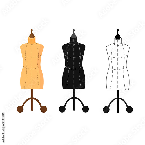 Set of three mannequins. Sewing workshop. Card template for use in the garment industry and clothing boutiques. Vector illustration. For logos and business cards, icons, tailor shops, workshops