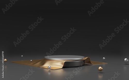 Empty black podium covered with gold cloth. for cosmetic product display showcase 3d render.