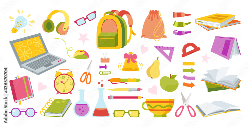 Back to School hand drawn cartoon set. Learning school colorful flat collection. First day school, Education concept icon kit. Sketchbook, scissors, laptop, glasses and book backpack, paints vector Back to School hand drawn cartoon set. Learning school colorful flat collection. First day school, Education concept icon kit. Sketchbook, scissors, laptop, glasses and book backpack, paints vector