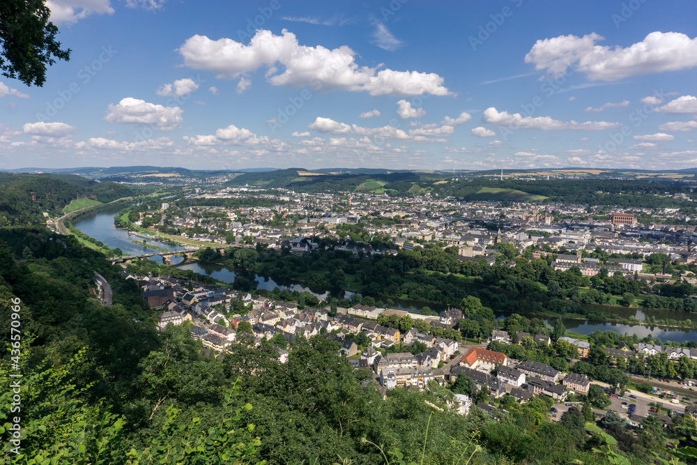 Aerial view of Trier on beautiful summer day with blue sky and clouds from viewpoint Marian column, Germany