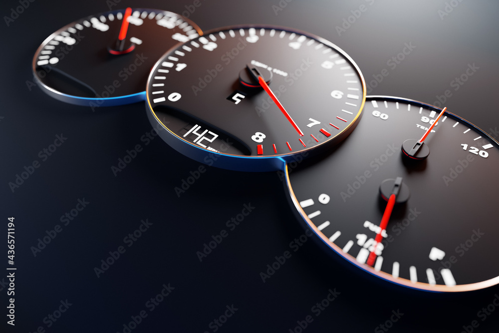 Fototapeta premium 3D illustration close up black car panel, digital bright tachometer, Speedometer shows 142 km h. Speedometer arrow shows maximum speed