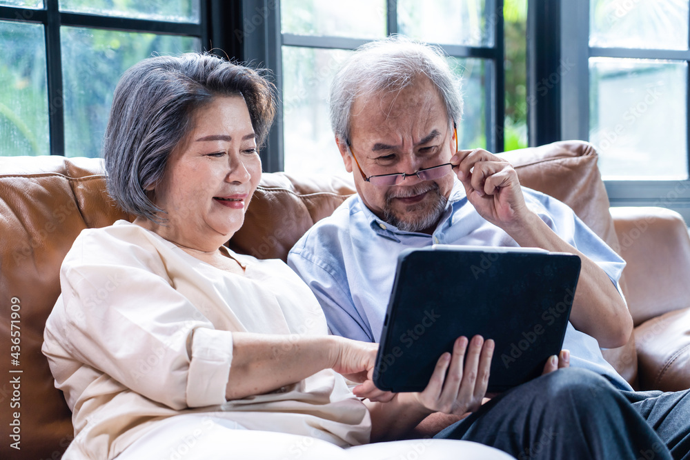 Senior elder grandparent couple use laptop read news and chat at home Senior elder grandparent couple use laptop read news and chat at home