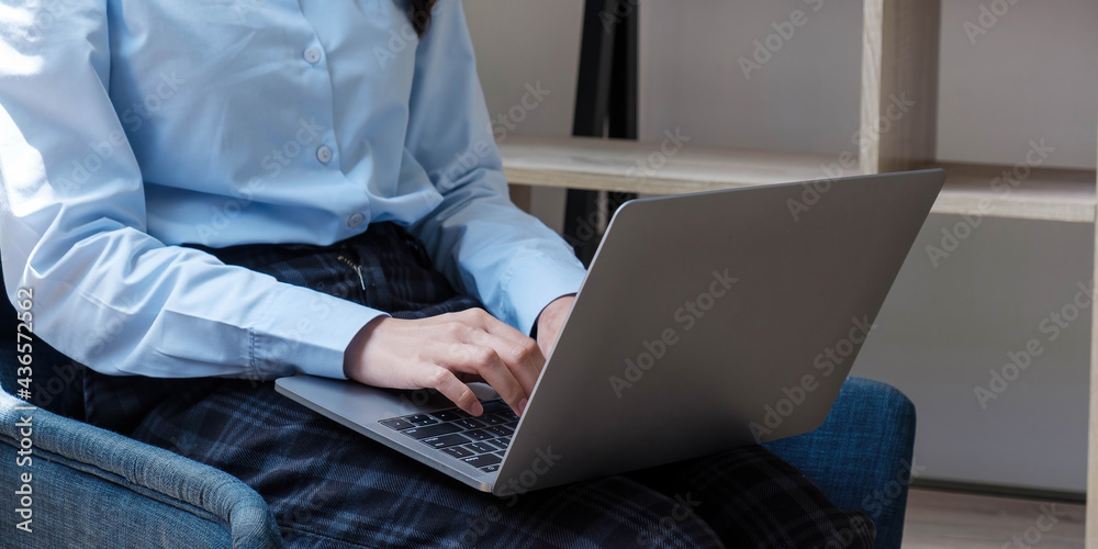 Woman use Laptop huge Loft Studio.Student Researching Process Work. Woman use Laptop huge Loft Studio.Student Researching Process Work.