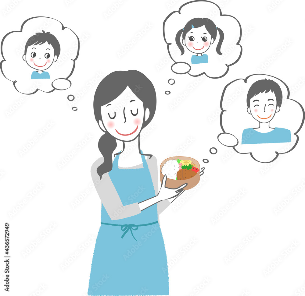 家族のお弁当を作るエプロン姿の女性。 家族のお弁当を作るエプロン姿の女性。