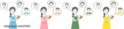家族のお弁当を作るエプロン姿の女性。（4色）