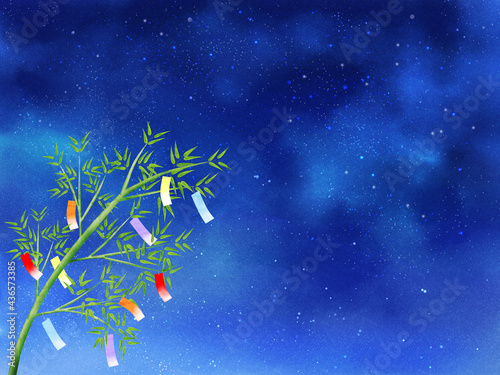 夜空と短冊が揺れる笹（ヨコ）