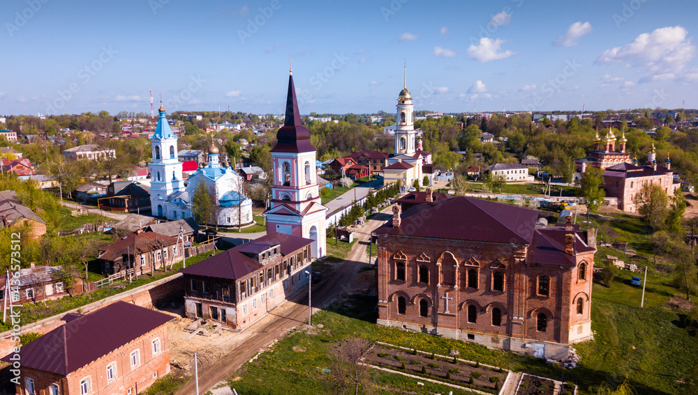 Picturesque spring landscape of Russian town of Belyov with Orthodox temples and monasteries, Tula Oblast