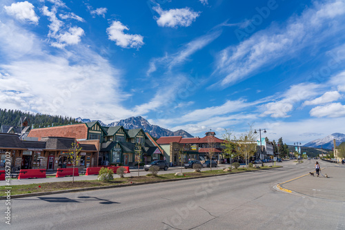 Street view of Town Jasper in summer time season during covid-19 pandemic period. Jasper, Alberta, Canada.