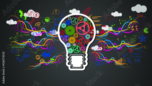 light bulbs cog Idea. plan think analyze creative startup business. illustration creativity modern concept vector.