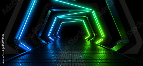 Obraz na płótnie Sci Fy neon lamps in a dark corridor. Reflections on the floor and walls. 3d rendering image. w salonie