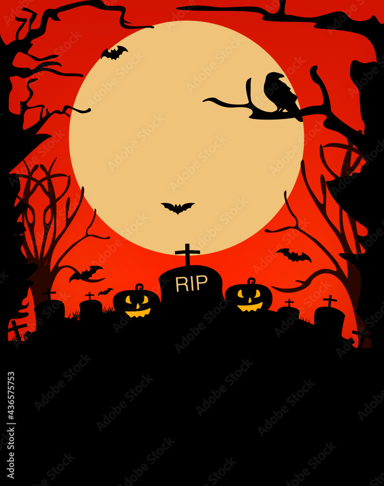 halloween background. Halloween background with scary pumpkins, Dracula's castle and various silhouettes of flying bats against the full moon