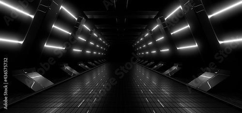 Fototapeta Naklejka Na Ścianę i Meble -  A dark tunnel lit by white neon lights. Reflections on the floor and walls. 3d rendering image.