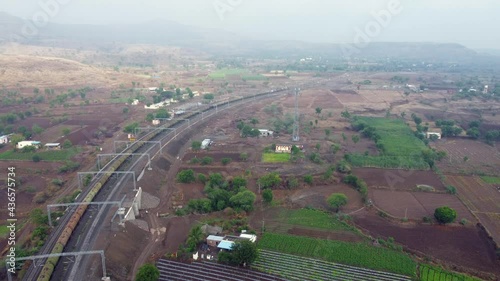 Aerial footage of a tanker train hauled by twin diesel locomotives at Shindawane, near Pune India. photo