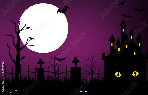 halloween night background. Halloween background with scary pumpkins, Dracula's castle and various silhouettes of flying bats against the full moon