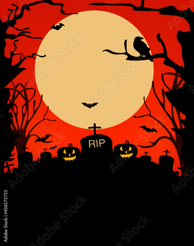 halloween background. Halloween background with scary pumpkins, Dracula's castle and various silhouettes of flying bats against the full moon