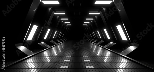 Fototapeta Naklejka Na Ścianę i Meble -  A dark tunnel lit by white neon lights. Reflections on the floor and walls. 3d rendering image.
