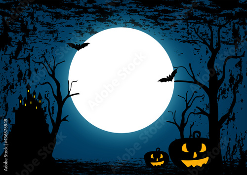 halloween background. Halloween background with scary pumpkins, Dracula's castle and various silhouettes of flying bats against the full moon