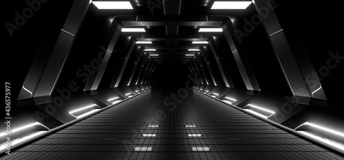 Fototapeta Naklejka Na Ścianę i Meble -  A dark tunnel lit by white neon lights. Reflections on the floor and walls. 3d rendering image.