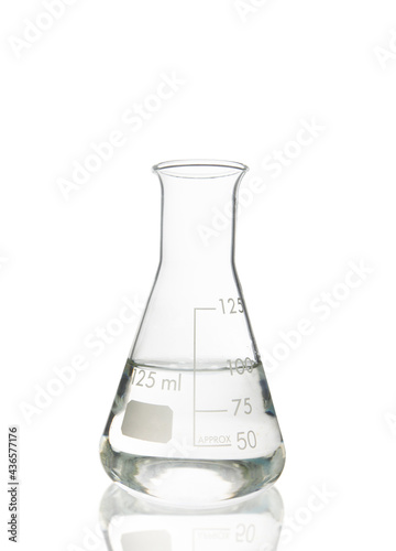 Erlenmeyer flask glassware with water and reflection isolated on white background