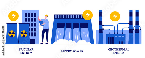 Nuclear power plant, hydropower, geothermal energy concept with tiny people. Energy sources abstract vector illustration set. Generate electricity, dam turbine, power plants, heat pump metaphor