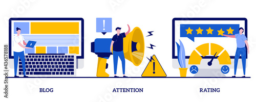 Blog, attention, rating concept with tiny people. Promotion methods abstract vector illustration set. Popular blogger, public announcement, service quality evaluation system metaphor