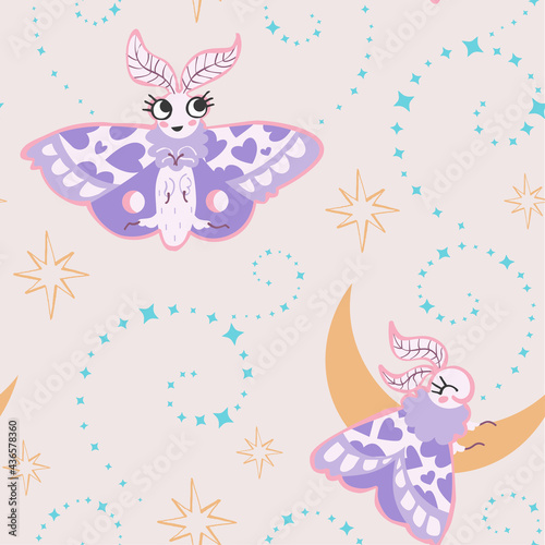 Light colored cream nocturnal celestial vector seamless pattern with lavender moth butterflies  magic spells curves and stars. Perfect for girls childish textile design.