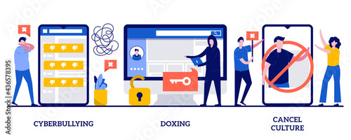 Cyberbullying and doxing, cancel culture concept with tiny people. Internet harassment vector illustration set. Private content, celebrity shaming, hacker attack, social media boycott metaphor
