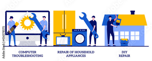 Computer troubleshooting, DIY repair of household appliances concept with tiny people. Repair and maintenance services abstract vector illustration set. Warranty, video tutorial, problem fix metaphor