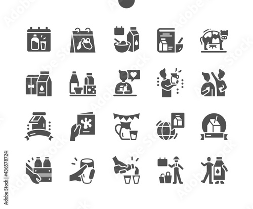 World Milk Day 1 June. Milk products. Calendar. First of june. Holiday. Farmer. Dairy products fair. Vector Solid Icons. Simple Pictogram