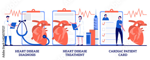 Heart disease diagnosis and treatment, cardiac patient card concept with tiny people. Cardiovascular illness vector illustration set. Heartbeat rate and chest pain, stress test, hospital metaphor