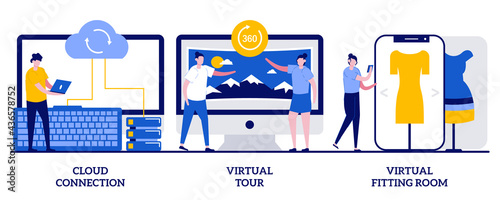 Cloud connection, virtual tour, virtual fitting room concept with tiny people. Online data transfer and virtual experience abstract vector illustration set. Internet connection, web 3d tour metaphor
