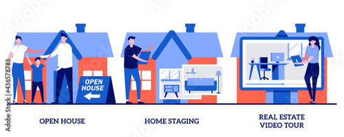 Open house, home staging, real estate video tour concept with tiny people. Home for sale vector illustration set. Floor plan, walk through, private residence, potential buyer, furniture metaphor