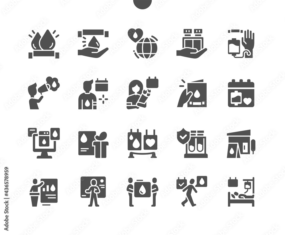 World Blood Donor Day 14 June. Thanks to donors. Calendar. Fourteenth of june. Holiday. Blood donation. Blood transfusion. Scientific conferences. Vector Solid Icons. Simple Pictogram