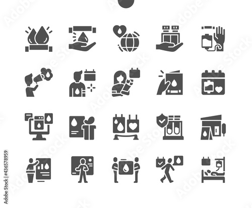 World Blood Donor Day 14 June. Thanks to donors. Calendar. Fourteenth of june. Holiday. Blood donation. Blood transfusion. Scientific conferences. Vector Solid Icons. Simple Pictogram
