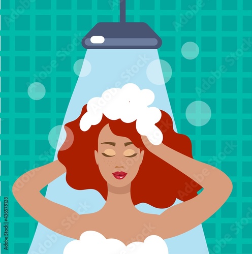 Woman relax in bathroom, flat cartoon. Vector illustration