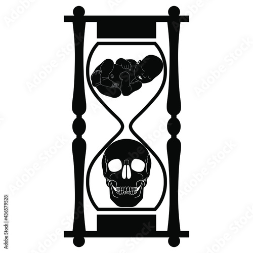 Hourglass with newborn baby and human skull inside. Creative concept. Juxtaposition of human life and death. Black and white silhouette. Memento mori. Vita brevis.