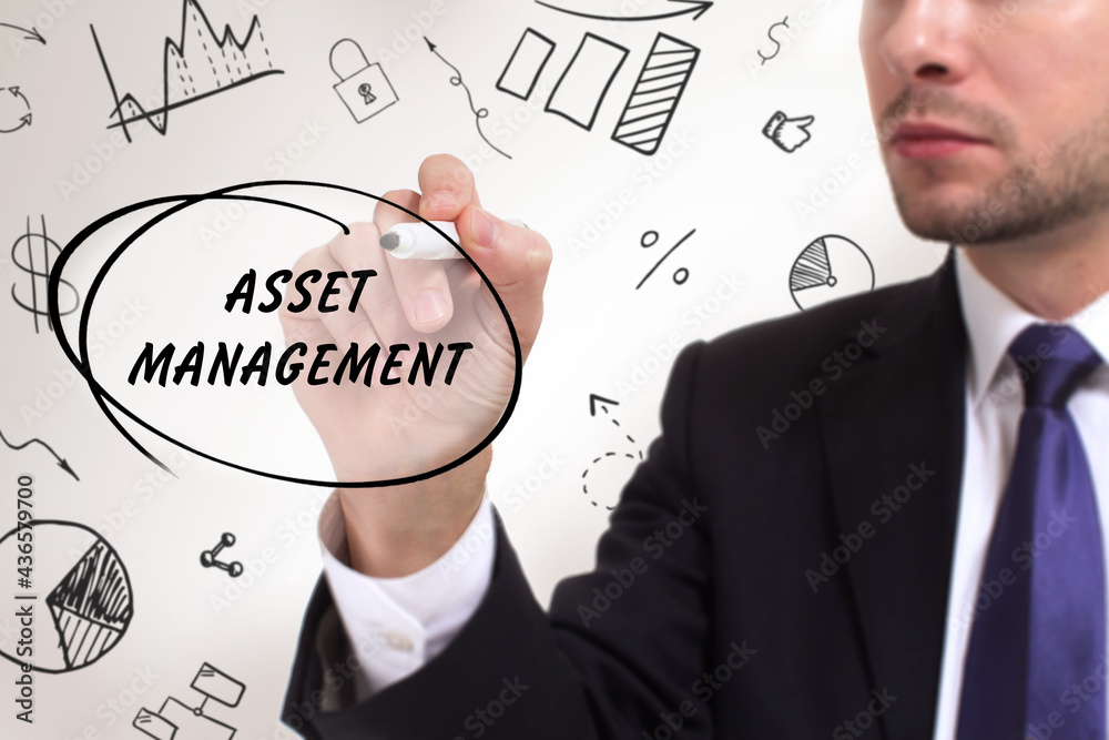 Business, technology, internet and network concept. Young businessman thinks over the steps for successful growth: Asset management Business, technology, internet and network concept. Young businessman thinks over the steps for successful growth: Asset management