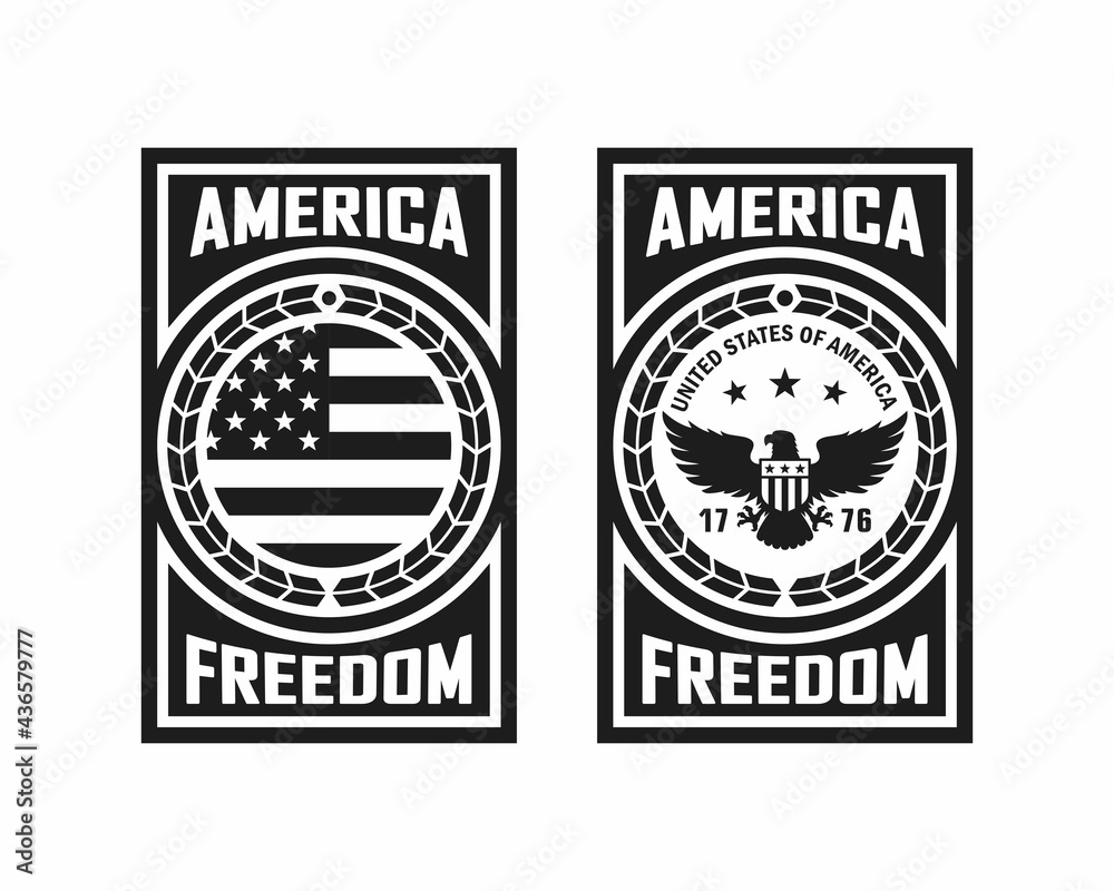 Set of black and white illustrations of an eagle, flag, laurel wreath, text on a white background. Vector illustration in vintage style for poster, print, sticker, label, emblem. Symbols of the USA.