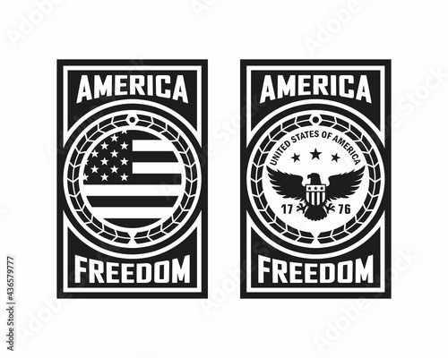 Set of black and white illustrations of an eagle, flag, laurel wreath, text on a white background. Vector illustration in vintage style for poster, print, sticker, label, emblem. Symbols of the USA.