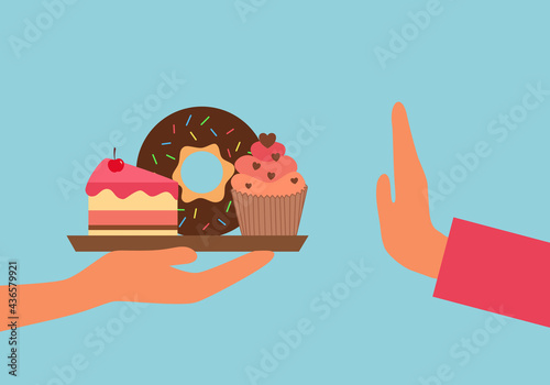 Woman refuse sweet dessert in flat design. Stop eating unhealthy sweet as cake, donut, cupcake for good health.