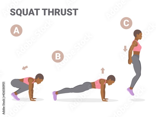 African American Girl Doing Squat Thrust Exercise Home Workout Guidance.