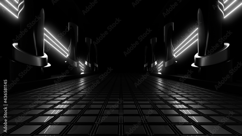 Fototapeta premium A dark tunnel lit by white neon lights. Reflections on the floor and walls. 3d rendering image.