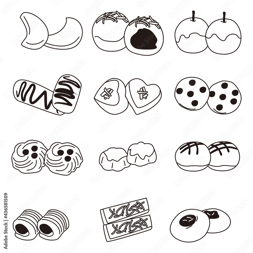 Set of line art pastries for eid isolated on white background, cookies, ramadan. idul fitr cookies