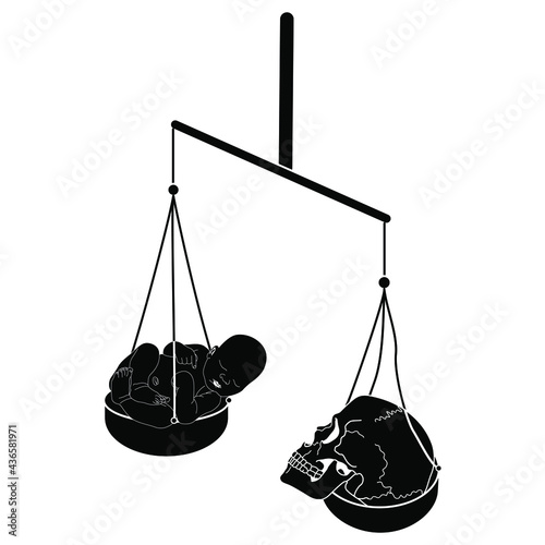 Balance scales weighing newborn baby against human scale. Juxtaposition of life and death. Creative concept. Black and white silhouette. Memento mori. Vita brevis.