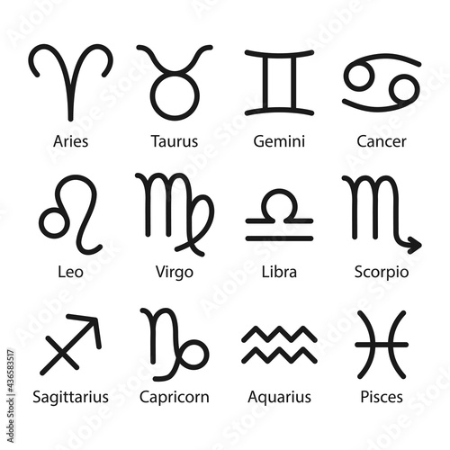 Set of 12 Zodiac signs with titles. The signs of Aries, Taurus, Gemini, Cancer, Leo, Virgo, Libra, Scorpio, Aquarius, Sagittarius, Capricorn, Pisces. Black vector illustration on white background