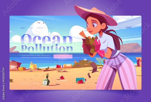 Volunteering website about ocean pollution with woman collects trash on sea beach. Vector landing page of environment problems with cartoon illustration of girl ecology activist clean up on shore