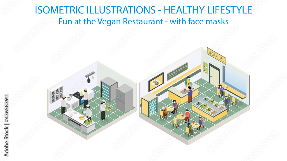 Vegan food restaurant isometric. Post covid with protective mask.