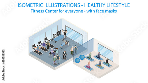 Health and fitness club isometric. Post covid with protective mask.