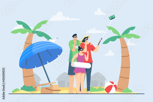happy family taking selfies while holidaying on the beach during summertime. Summer holiday with family illustration.